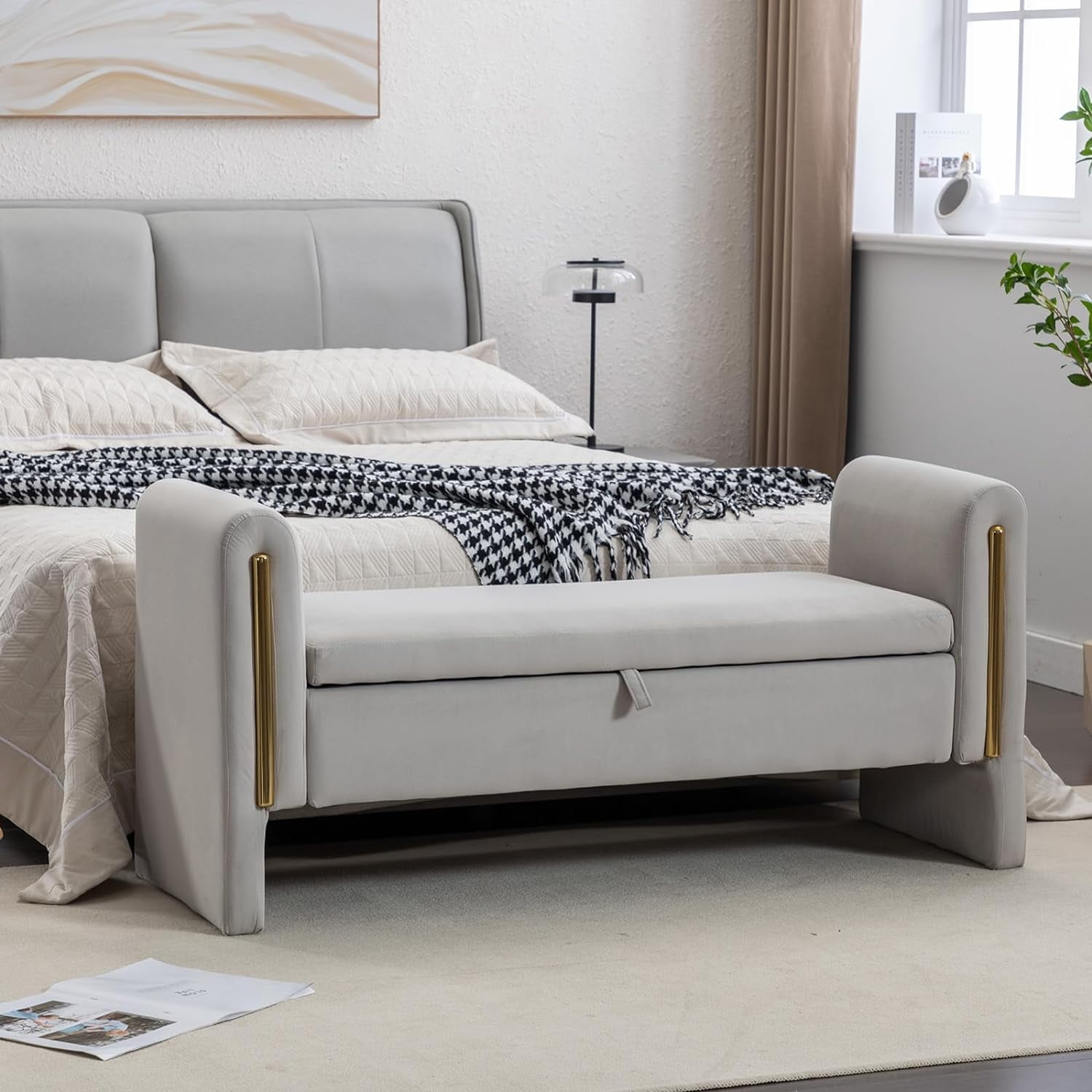 Modern Upholstered End Of Bed Bench With Detachable Pillow - PU Leather Ottoman, Gold Metal Legs, 55.1"W X 21.3"D X 16.5"H