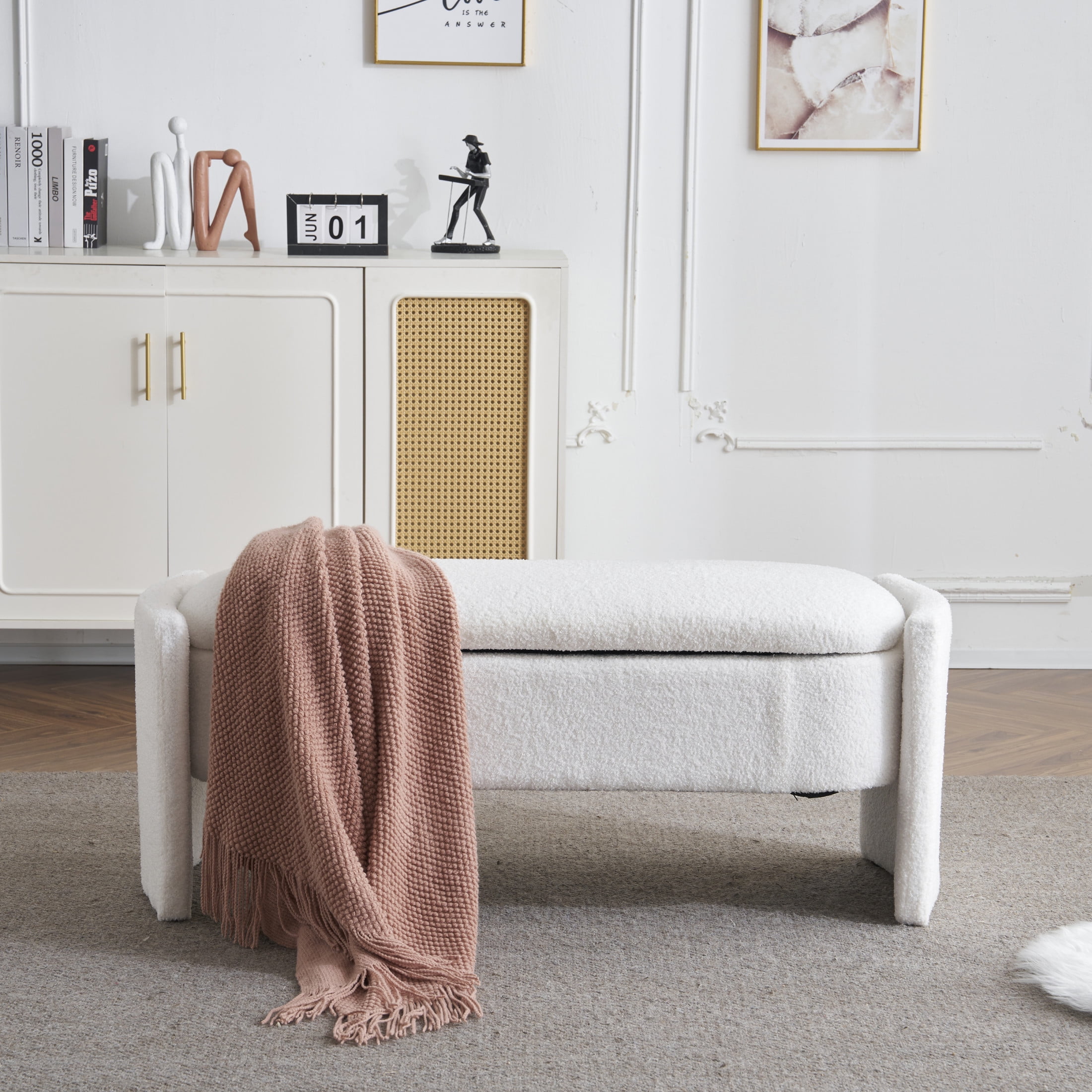 Modern Storage Ottoman Bench with Wood Frame, Boucle Fabric, White