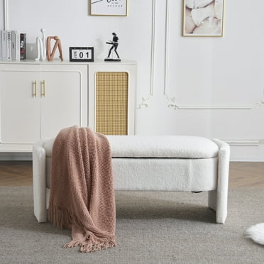 Modern Storage Ottoman Bench with Wood Frame, Boucle Fabric, White