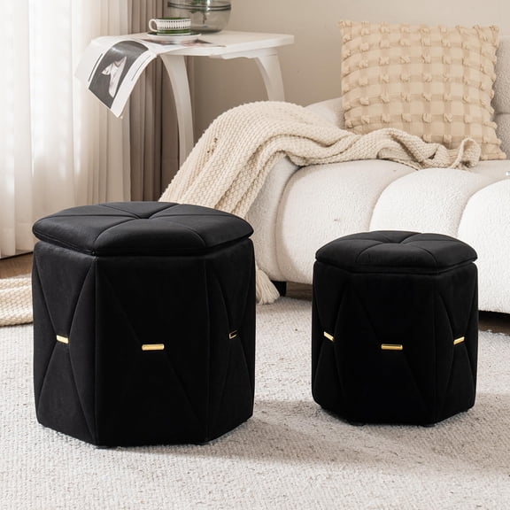 Modern Storage Ottoman Set of 2, Upholstered Velvet Stool with Removable Lid, Foot Rest Stool for Living, Bedroom, Dressing Room, Black