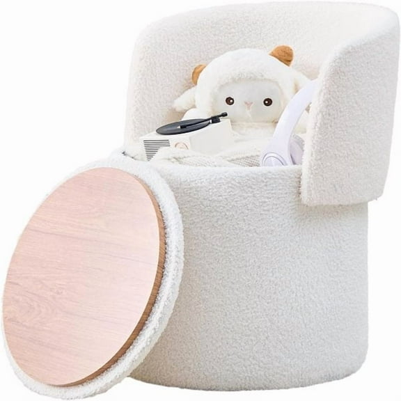 Modern Storage Ottoman  Vanity Stool with Foldable Backrest, Teddy Velvet Footstool, Extra Seating, Small Side Table & Footrest  White