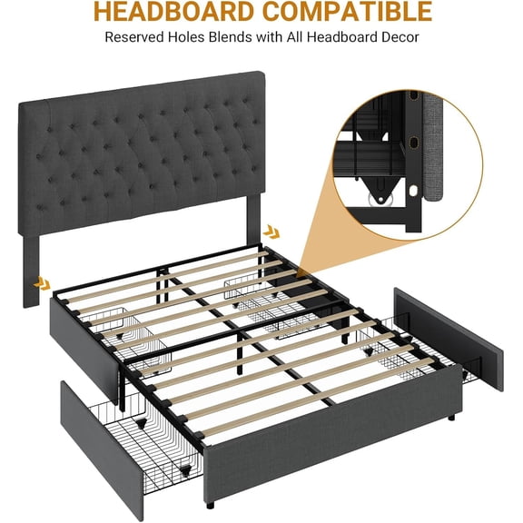 Modern Storage Platform Bed Frame with 4 Spacious Drawers, Fabric Upholstered Linen Wooden Slats Easy Assembly