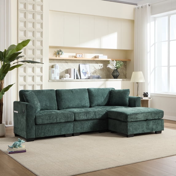 Modern Storage Sofa with Dual Usb, 2 Side Pockets, Ottoman Storage Bench Cloud Sectional Chenille Sofa Oversized, 4-Seat, L-Shaped Couch (Green)