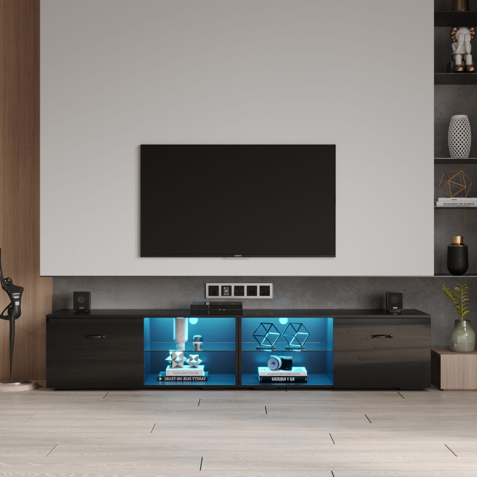 Modern Storage TV with LED Lights for TVs up to 80 Inch, Wooden