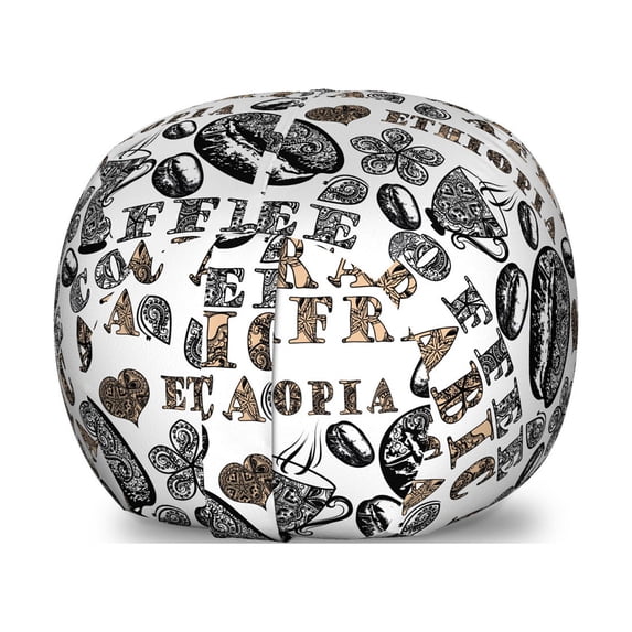 Modern Storage Toy Bag Chair, Coffee Beans with Ornamental Words Ethiopians Pattern, Stuffed Animal Organizer Washable Bag, Small Size, Sand Brown Black, by Ambesonne