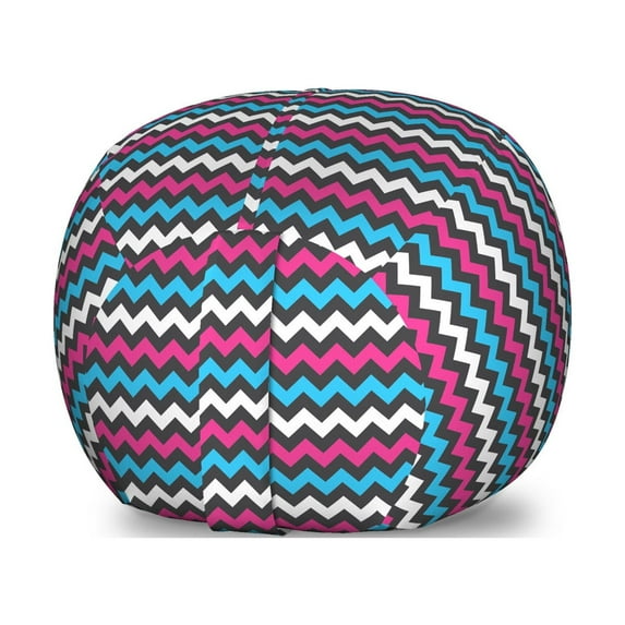 Modern Storage Toy Bag Chair, Colorful Zigzag Twisty Bands Winding Abstract Chevron Tiles Geometric Print, Stuffed Animal Organizer Washable Bag, Small Size, Pink Sky Blue Black, by Ambesonne