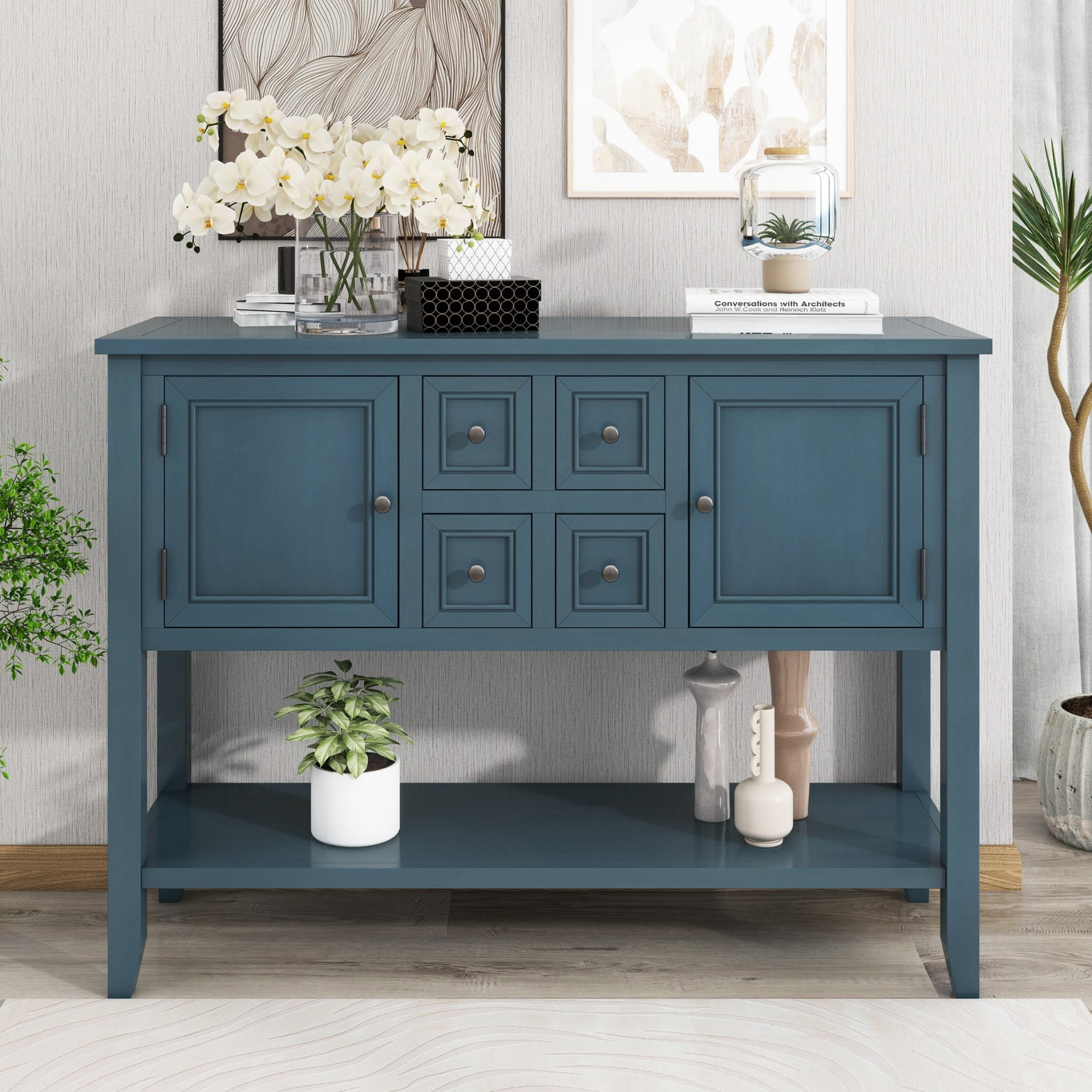 Light Navy Vintage Console Table with 4 Drawers and 2 Cabinets