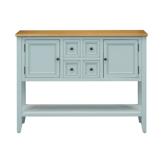 Modern Storage Vintage Console Table with 4 Drawers and 2 Cabinets, Wooden Buffet Sideboard Table with Open Bottom Shelf, Accent Side Table for Living Room, Kitchen, Entryway, Lime White