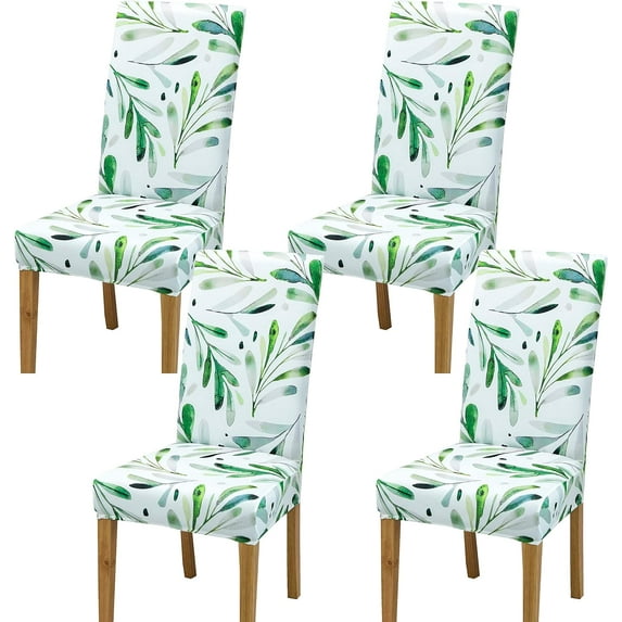 Modern Stretch Dining Chair Covers Removable Washable Spandex Slipcovers for High Chairs Kitchen, Dining Room, Hotel, Ceremony 2/4/6PCS Chair Protective Covers (Green Leaves, SET of 4)