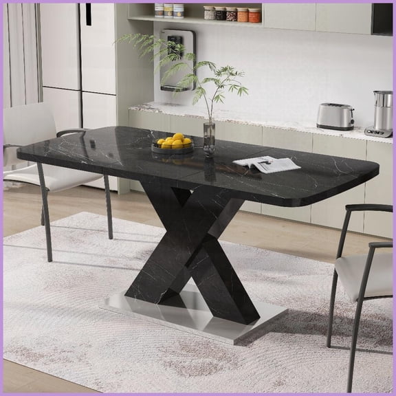 Modern Stretchable Black Marble-Look Coffee Table for Dining Room, MDF & Steel Base, Easy to Assemble & Clean