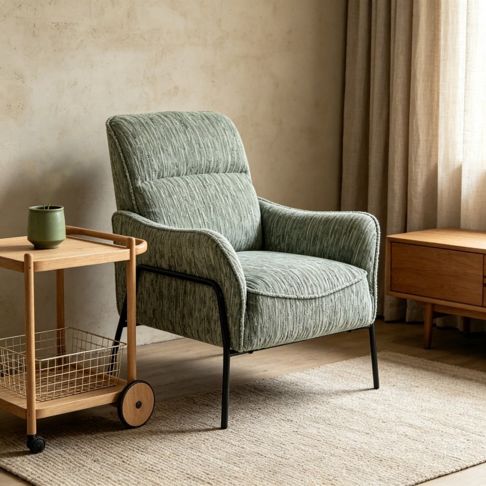 Modern Striped Accent Chair, Upholstered Armchair with Black Metal Frame, Padded Lounge & Reading Chair with Lumbar Pillow for Living Room, Bedroom & Office, Green