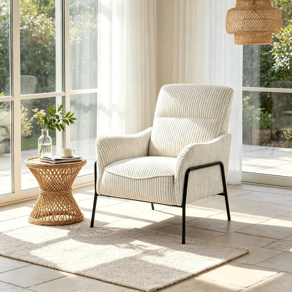 Modern Striped Accent Chair, Upholstered Armchair with Black Metal Frame, Padded Lounge & Reading Chair with Lumbar Pillow for Living Room, Bedroom & Office, Grey