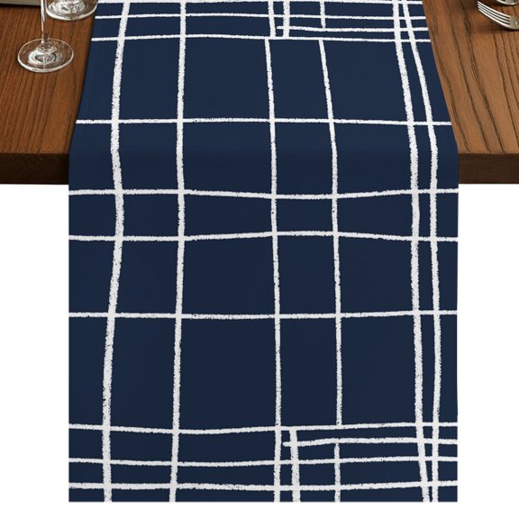 Modern Striped Burlap Cotton Table Runner 13x36 Inches Short, Navy Indigo Contemporary Minimalist Art Farmhouse Table Runners, Outdoor Dining Table Decor for Baby Shower/Party/Wedding