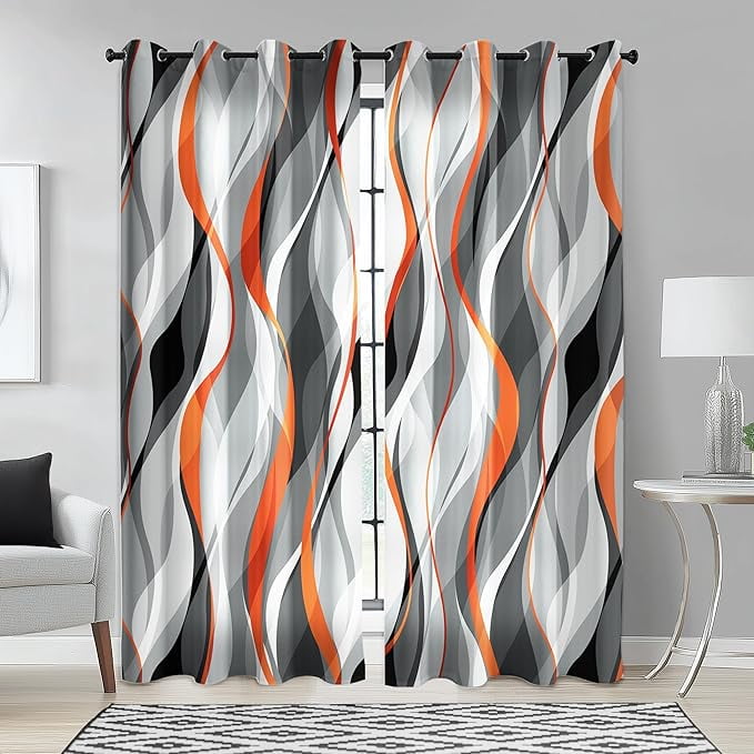 Modern Striped Decorative 50% Light Blocking Darkening Grommet Curtains For Living Room, Bedroom Gray And Orange 53"W x 63"L (Pack of 2)