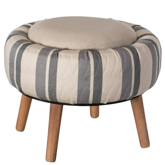 Modern Striped Round Fabric Ottoman with Inner Storage , White and Blue