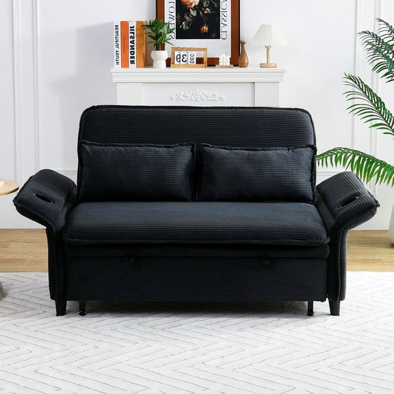 Modern  Striped Sofa Bed with Pull-Out Feature and Adjustable Backrest Comfy for Daily Use, Black