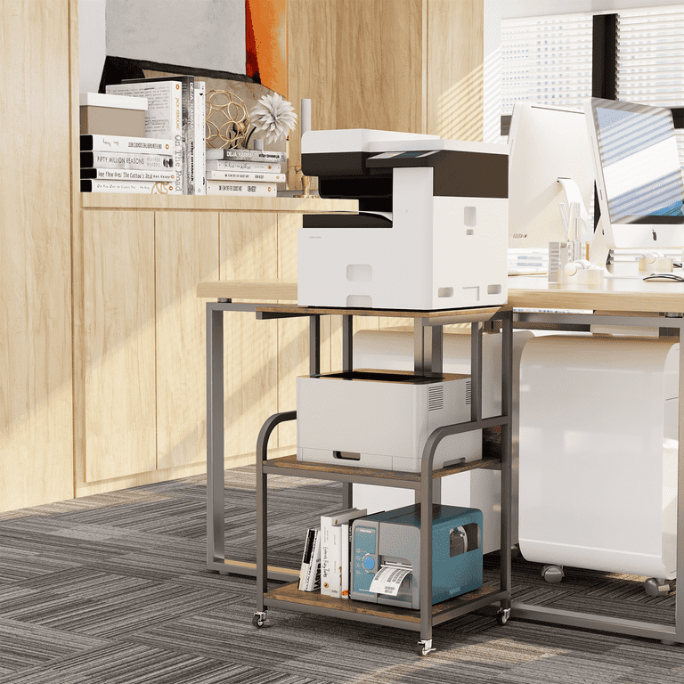 EasyCom Modern 3 Tier Printer Stand Rolling Printer Cart with Wheels and Storage Shelf for Office and Home Brown