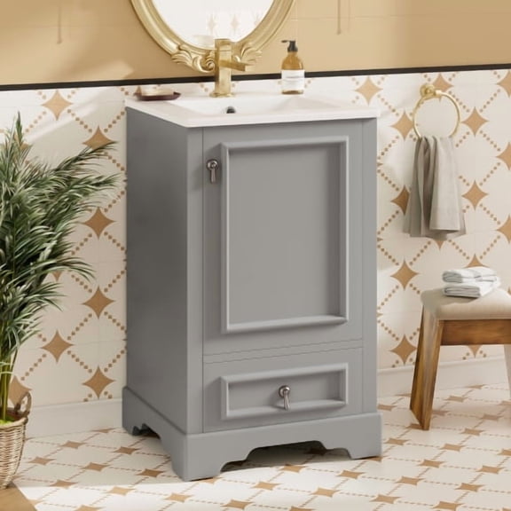 Modern Style 20 Inch Bathroom Vanity with Ceramic Sink, Soft Close Door and Storage Organizer for Small Space, Grey