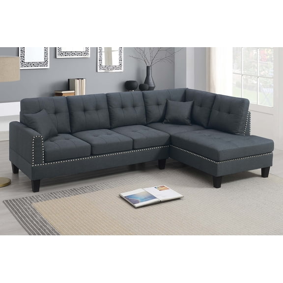 Modern Style 2pc Sectional Set Nailhead Trim Two Matching Accent Pillows Plastic Legs Left Arm Three Seat Sofa Charcoal Finish Primary Living Room
