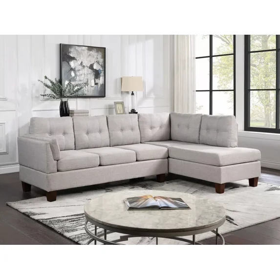 Modern Style 2pc Sectional Sofa and Chaise Light Gray Lenin Upholstered Button Tufted L-Shape Sofa Set