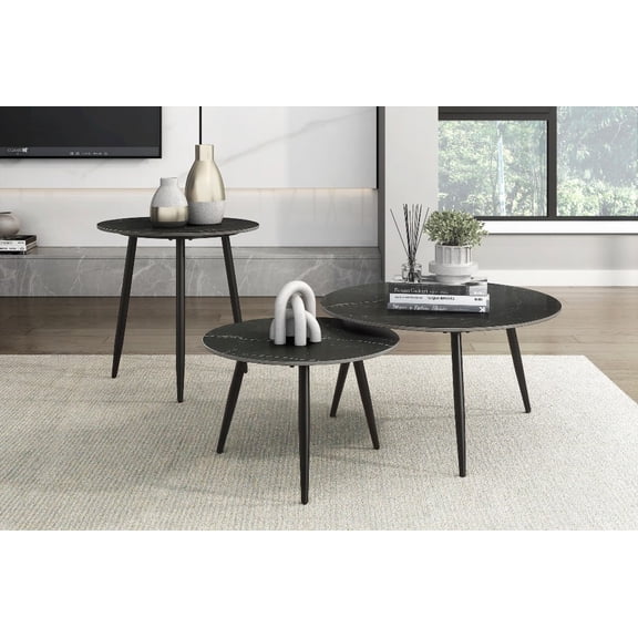 Modern Style 3-Piece Occasional Table Set with Black Metal Legs & Sintered Stone Top
