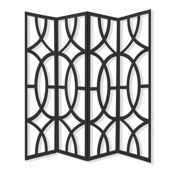 Modern Style 4 Panel Screen with Geometrical Stencil Design, Black- Saltoro Sherpi