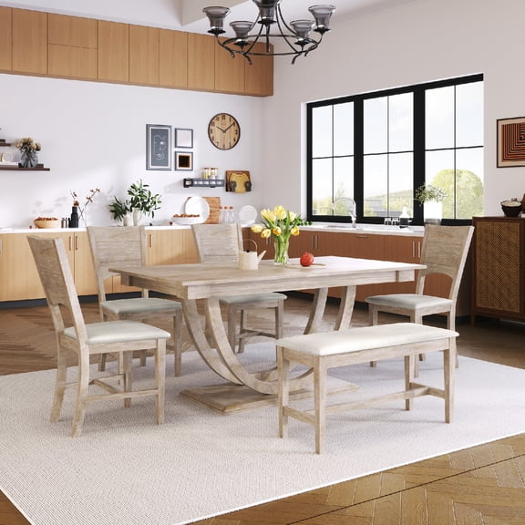 Modern Style 6-Piece Classic Dining Table Set for 6 ,Wood Half Round Dining Table with Long Bench and 4 Dining Chairs, Kitchen Table Set for Living Room Dining Room, Seadrift