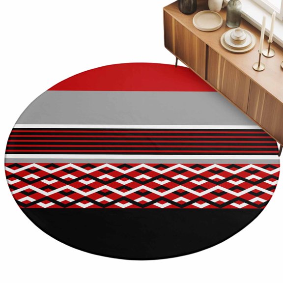 Modern Style Area Rug, Black White Diamond Stripes Red Gray Rectangle Non-Slip Felt Rubber Backing Round Indoor Carpet Washable Rugs for Living Room Bedroom 3.3ft