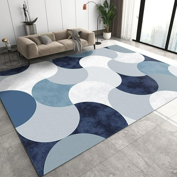 Modern Style Area Rugs, Blue Abstract Geometric Apartment Carpet, Non-Shedding Indoor Foldable Easy to Clean Rug for Under Dining Table Home Office Bedroom Home Decor Mats 2ft x 3ft