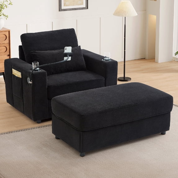 Modern Style Armchair with Charging Station and a Movable Storage Ottoman, 42.5" Chaise Lounge Sofa Couch with 2 Cup Holders and 1 Phone Holder & Side Pockets for Living Room, Apartment, Office,Black