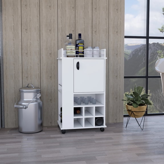 Modern Style Bar Cart With Cabinet, 6 Wine And Transportable In White Engineered Wood ,