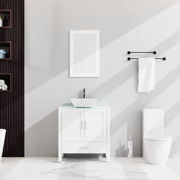 Modern Style Bathroom Vanity with Glass Counter and Ceramic Sink for Bathroom Decor