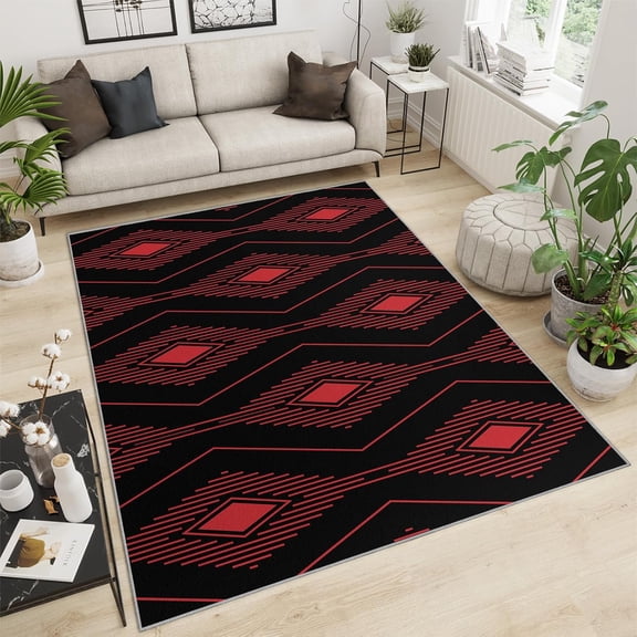 Modern Style Black Area Rug - Geometric Rug For Living Room Red Plaid Striped Bedroom Rug Red Black Washable Rugs Black Kitchen Rug Apply To Living Room Bedroom 5x6ft