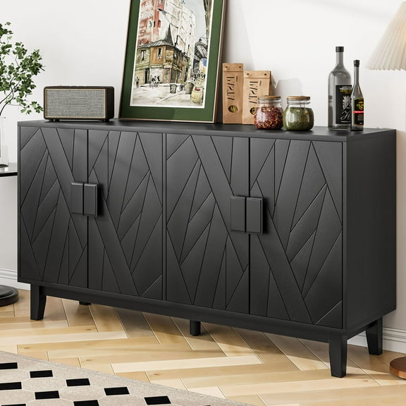 Modern Style Black Buffet Cabinet with Adjustable Shelves and Solid Wood Doors for Living Room and Dining Room Storage
