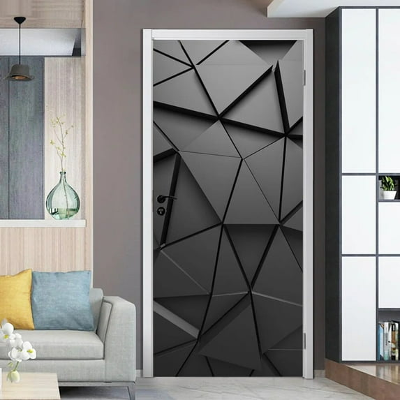 Modern Style Black Geometric 3D Door Wallpaper Sticker Adhesive PVC Waterproof Poster for Whole Door Wrap Cover Decoration