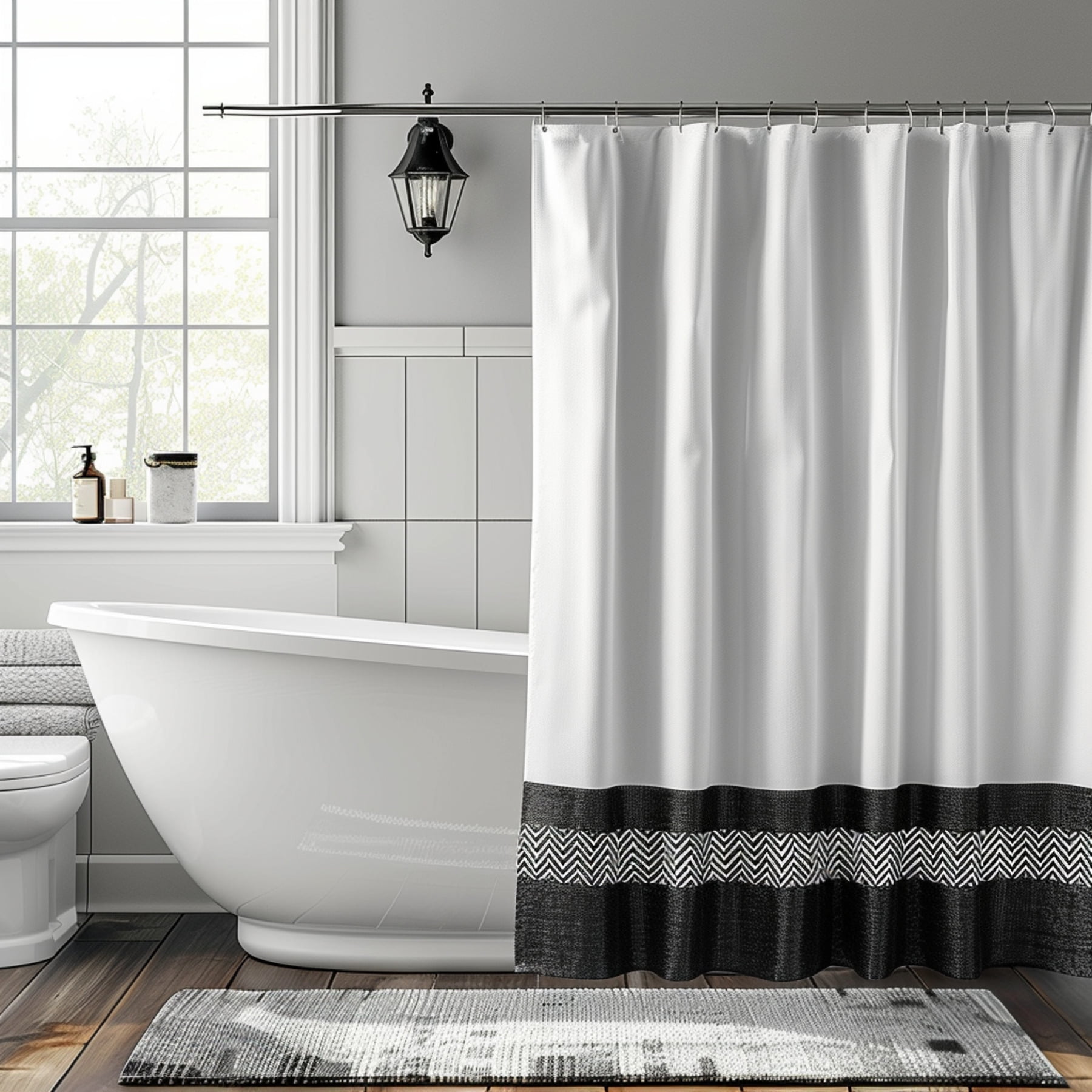 Modern Style Black and White Herringbone Shower Curtain Antique Fabric