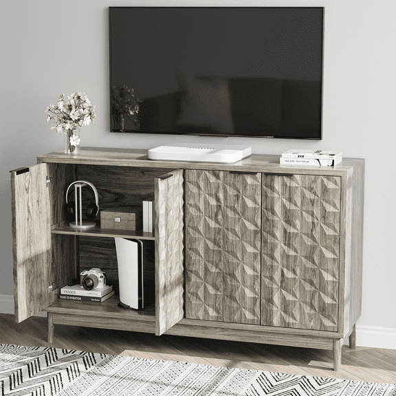 Modern Style Buffet Cabinet,Sideboard Buffet Cabinet With Storage,Storage Cabinet with 4 Diamond-shaped relief Doors For Living Room,Dining Room,Entryway,Hallway,Kitchen,Grey