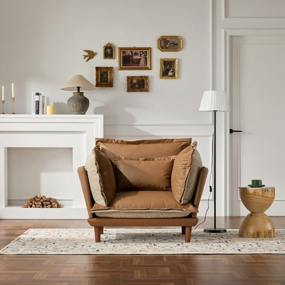 LUCKHAO Modern Style Chenille and Leather Oversized Armchair Accent Chair Single Sofa Lounge Chair for Living Room, Bedroom
