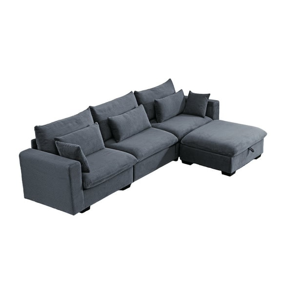 Modern Style Corduroy Sectional Sofa with Storage Ottoman Dark Gray