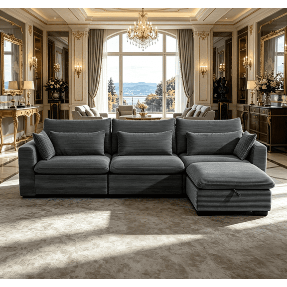 Modern L-Shaped Corduroy Sectional Sofa with One Storage Ottoman, Upholstered Modular Couch with Deep Seat for Living Room Apartment, Dark Gray