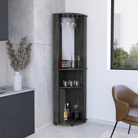 Modern Style Corner Bar Cabinet With Large Mirror And Storage Cabinet, Brown, Double Glass Doors Shelves