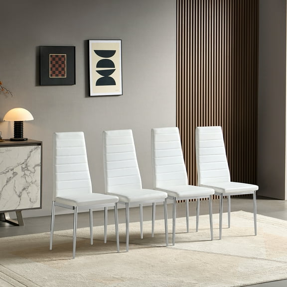 Modern White PU Leather Dining Chairs Set of 4 - Chrome Legs, 16" Wide, Comfortable Seating for Kitchen & Dining Room.