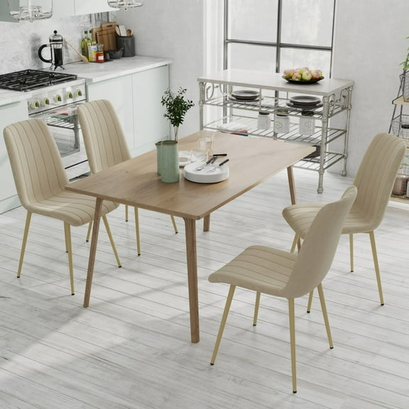 Modern Style Dining Kitchen Room Upholstered Side Chairs with Soft Linen and Wood Color Metal Legs Set of 4