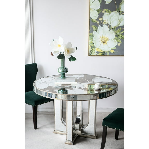 Modern Style Dining Table With Floral Accents And Silver Finish, 47x47x31.5 Round Lovely Mirror Effects,