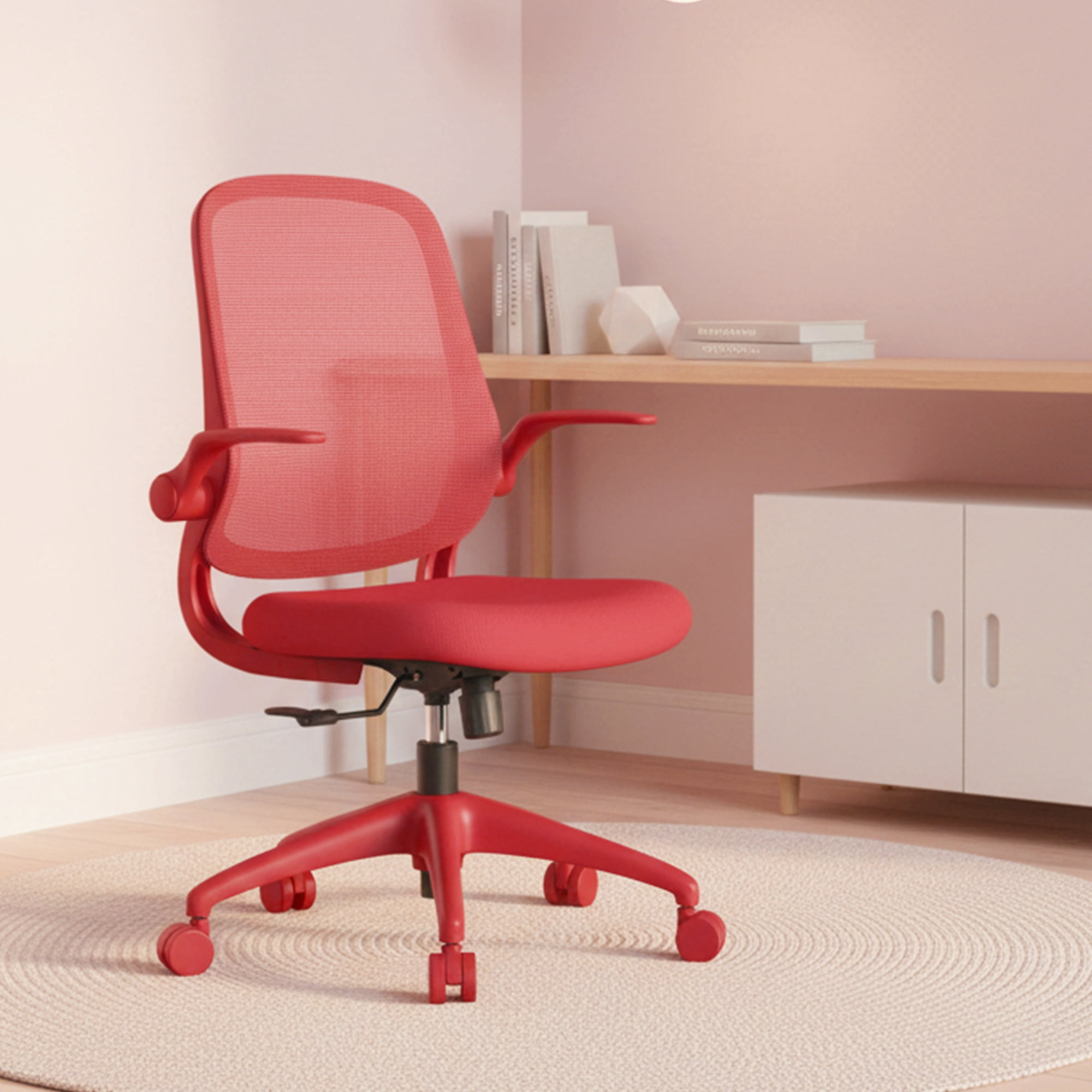 Modern Style Fabric Office Chair with Flip-Up Armrests, Ergonomic Executive Visitor Chair with Breathable Back for Staff Meeting Room, Red