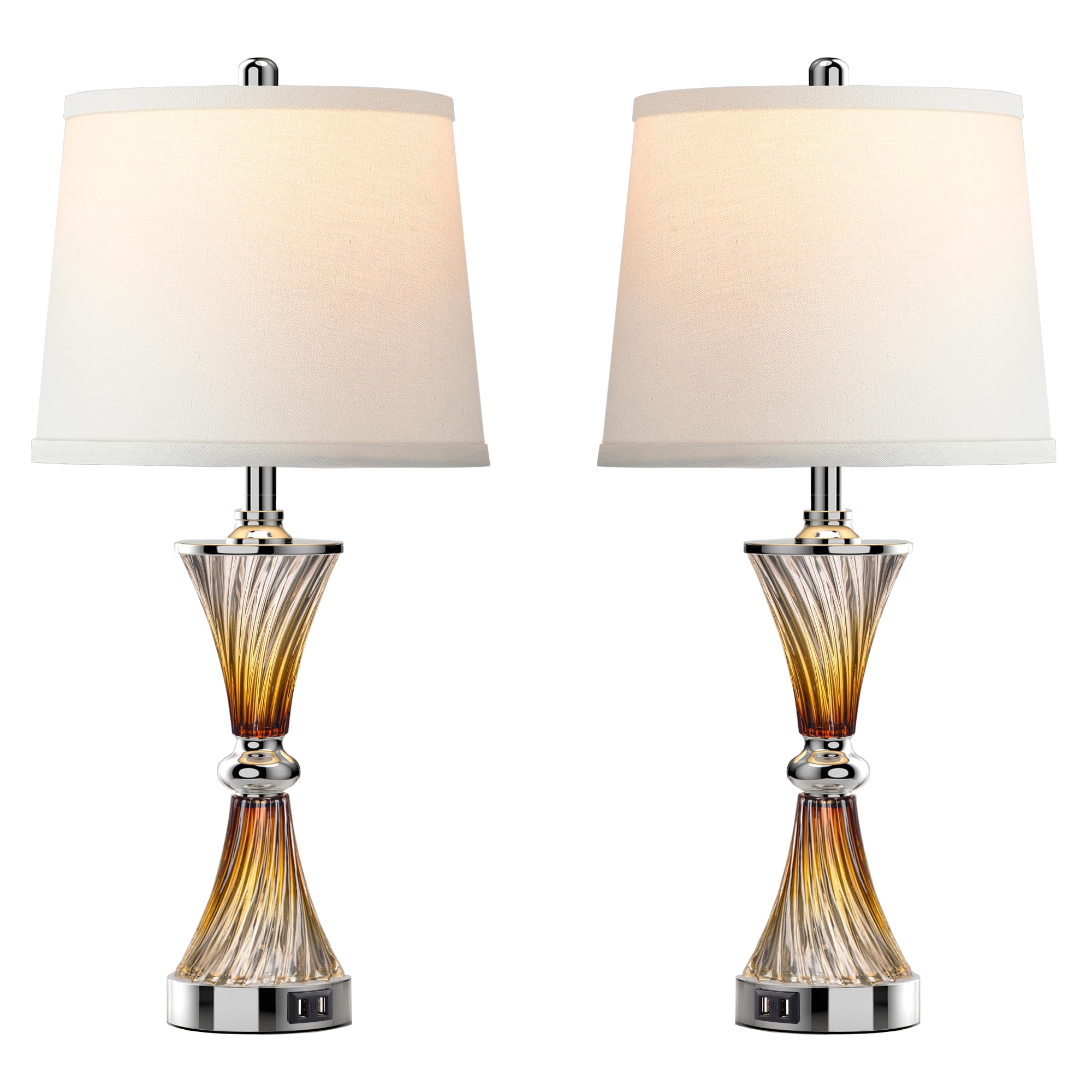 Set of 2 Gold and Amber Glass Touch Table Lamps with USB Ports