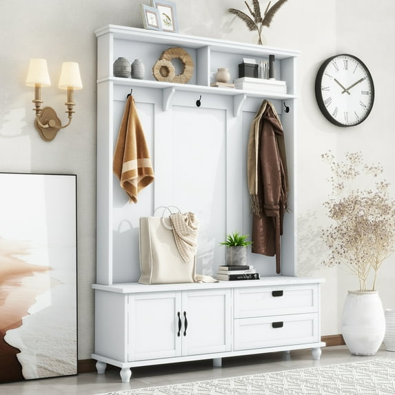 Modern Style Hall Tree, Multi-functional Storage Bench, Coat Rack with Storage Cabinet for Hallway Entryways