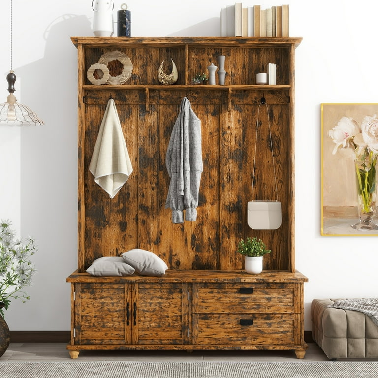 Modern Style Hall Tree With Storage Cabinet 2 Large Drawers Widen Mudroom Bench With 5 Coat Hooks For Entryway Living Room Walmart