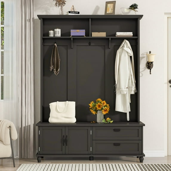 Modern Style Hall Tree with 2 Large Drawers and Storage Cabinet, Widen Mudroom Bench with 5 Coat Hooks
