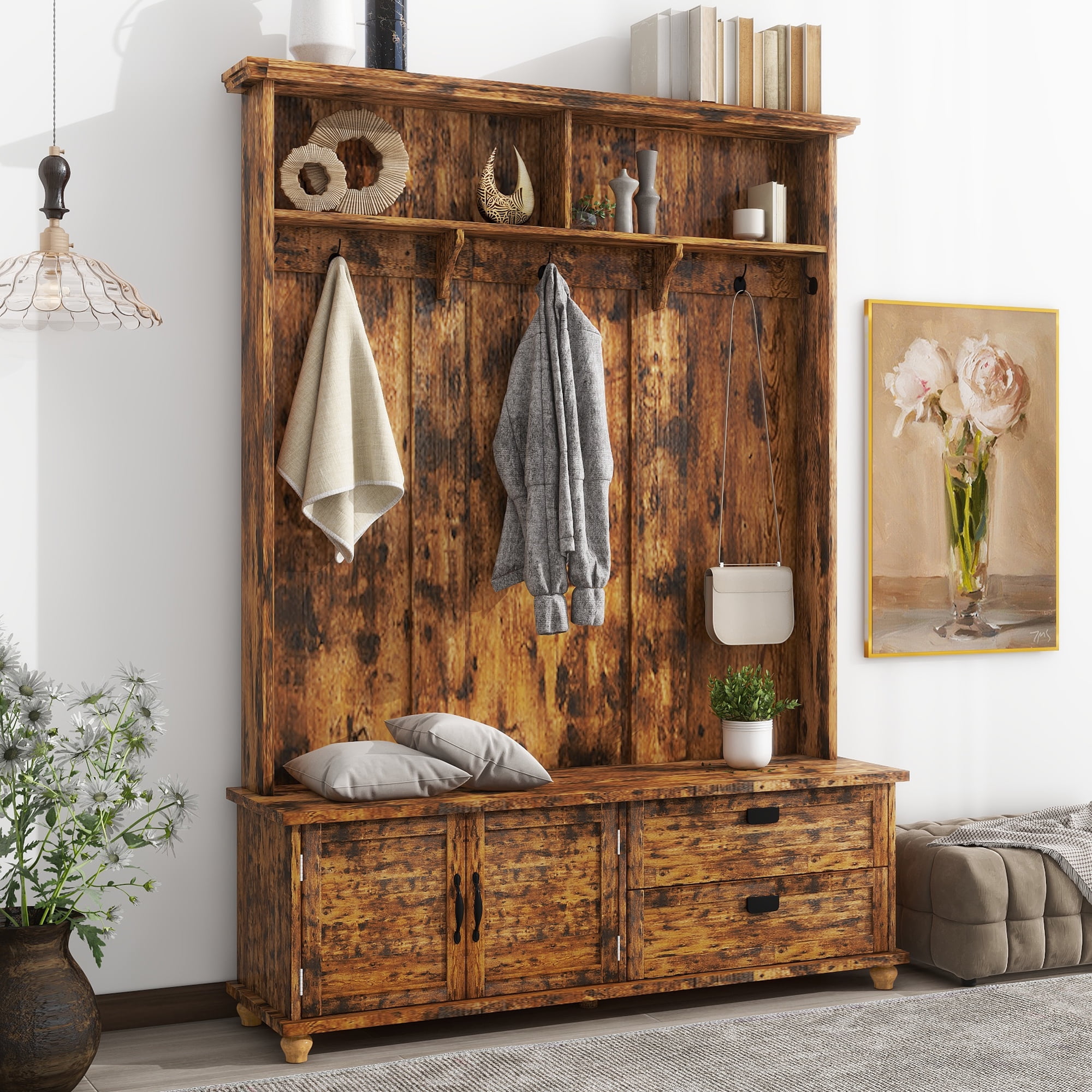 Modern Style Hall Tree with Storage Cabinet 2 Large Drawers Widen